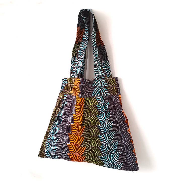 Urbanknit - Wholesale Tote Bag - Women's - African print pleated tote- Orange & Teal1