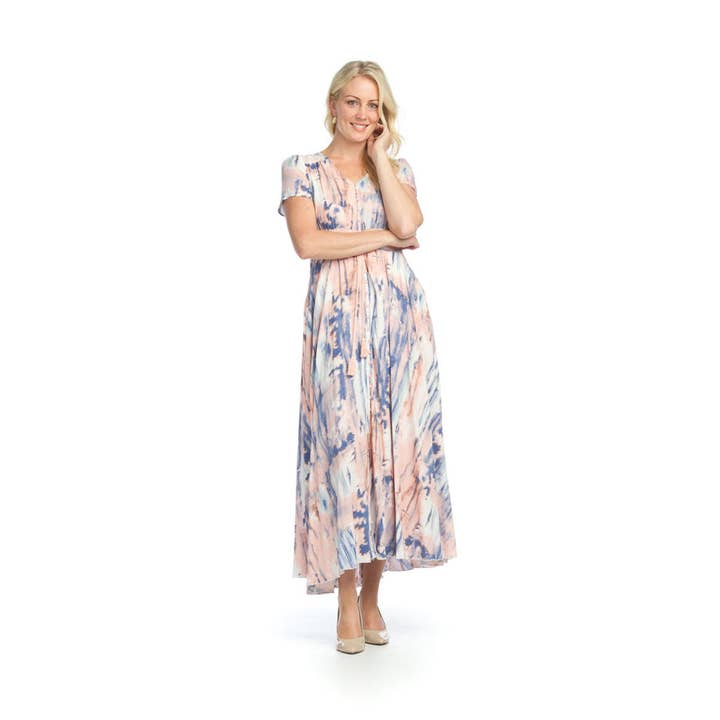 PD12530 PINK Watercolor Floral S/S Button Front Maxi Dress for wholesale by Papillon