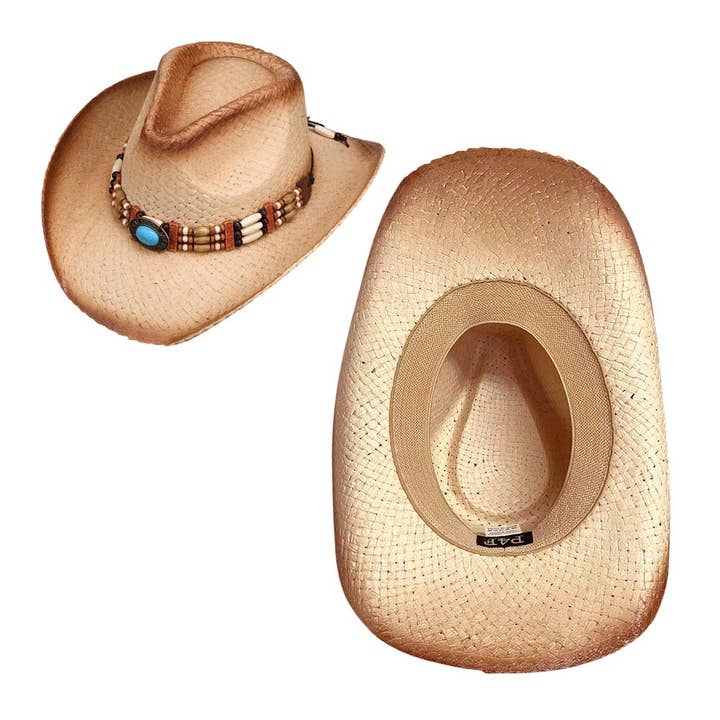 Sensibling Corp. - Wholesale Cowboy Hat - Women's - Turquoise Stone Wooden Beaded Band Straw Cowboy Fedora Hat