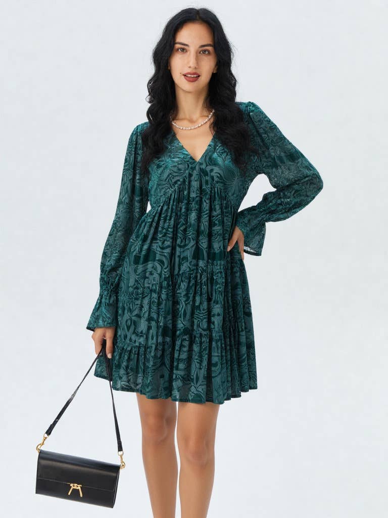 VERY J - Wholesale Dress - Women's - ND31023-Deep V-neck Jacquard Velvet Holiday Mini Dress3