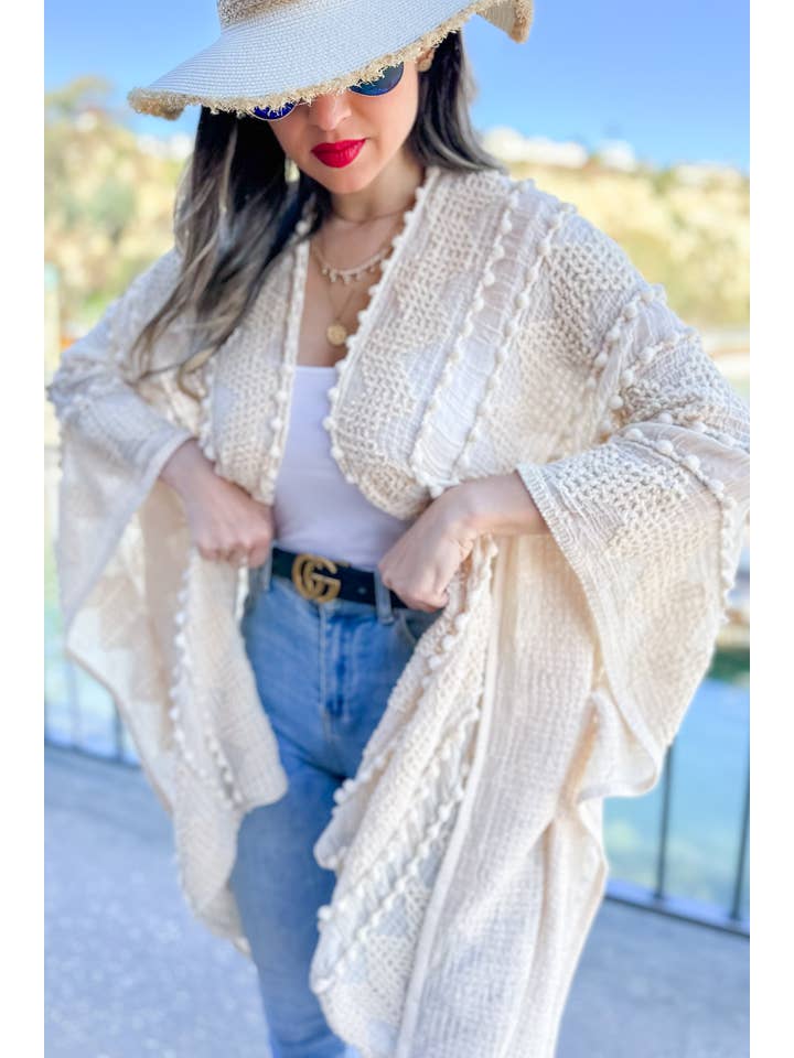 Ivory 3D Textured Open Front Soft Kimono Cover Up for wholesale on Faire