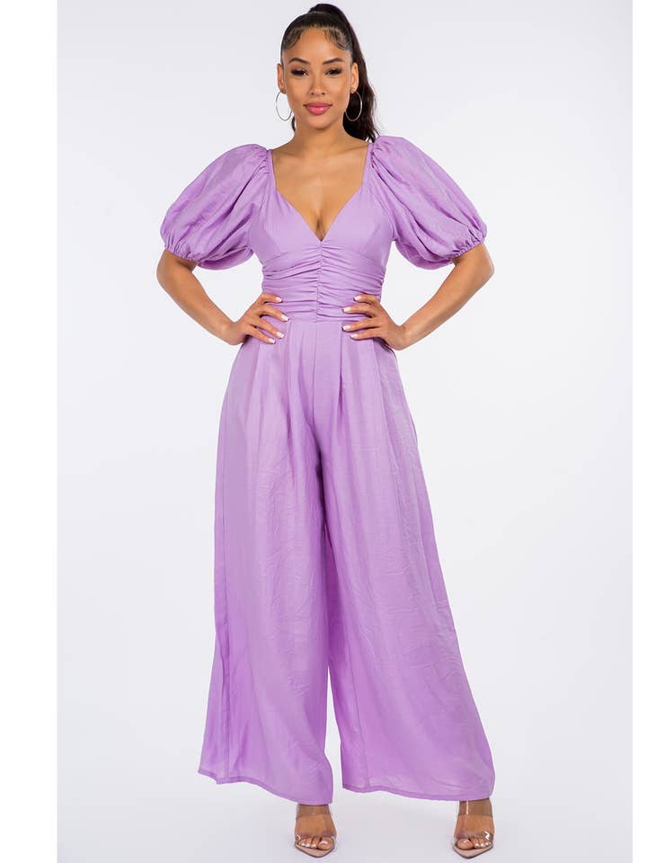 PUFF SLEEVE WIDE LEG JUMPSUIT for wholesale by Voila