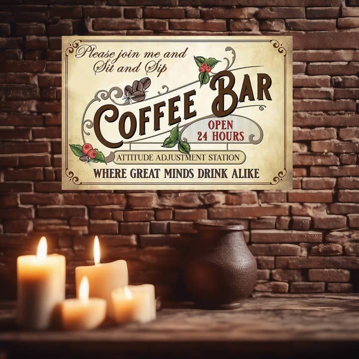 Coffee Bar Open 24 Hours Metal Sign for wholesale by Bad Bunny Designs