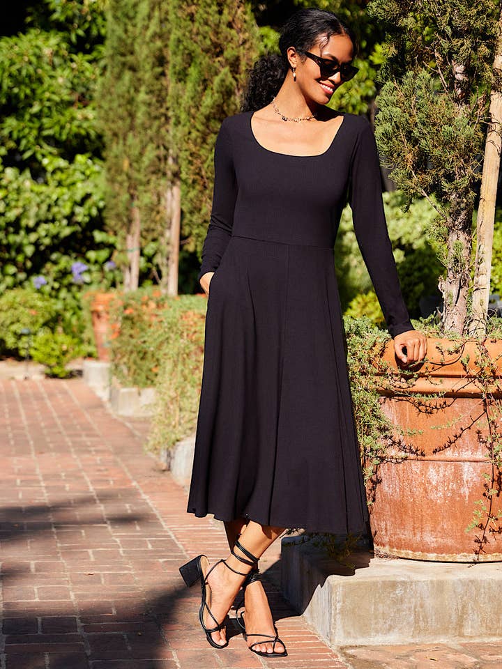 Long Sleeve Ribbed Scoop Neck A-Line Dress for wholesale by Karen Kane