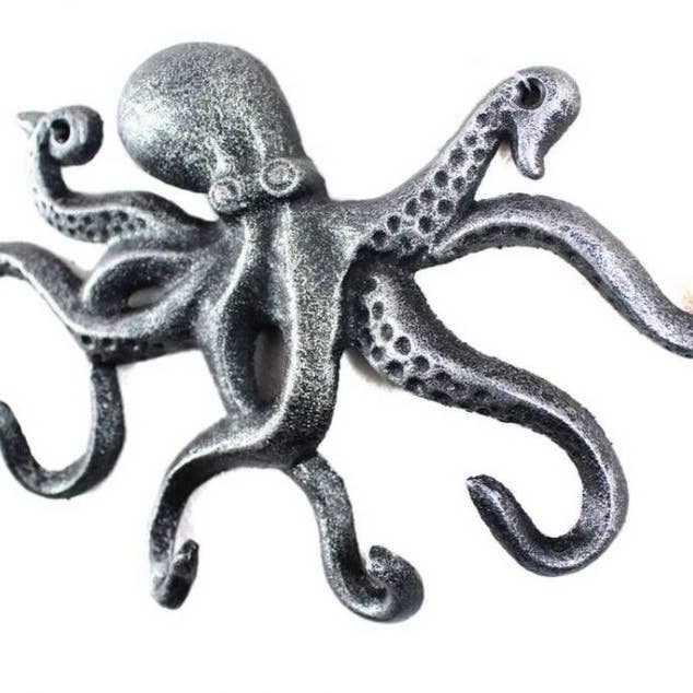 Hampton Nautical - Wholesale Wall Hook - Antique Silver Cast Iron Octopus Hook 11"1