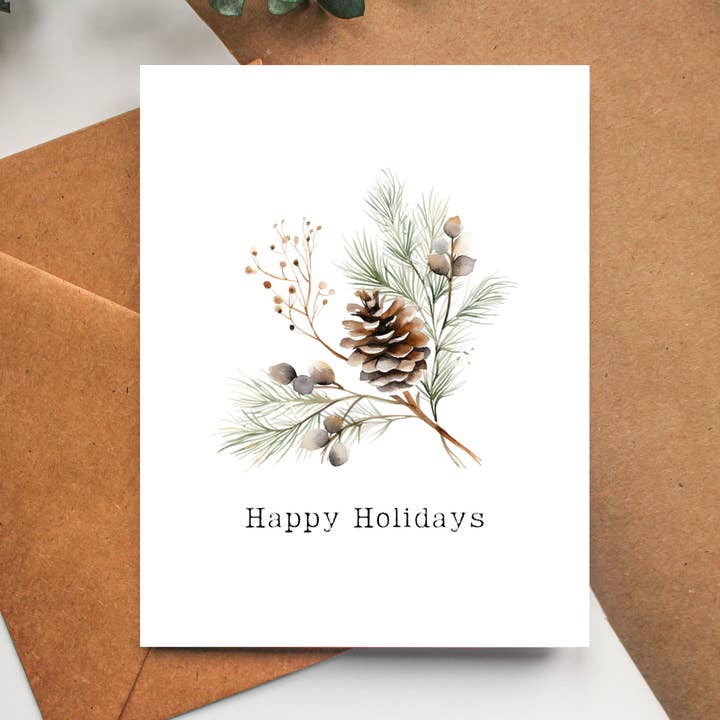 Boho Holiday Card - Happy Holidays Floral Greeting Card for wholesale by Balsam Paper Co