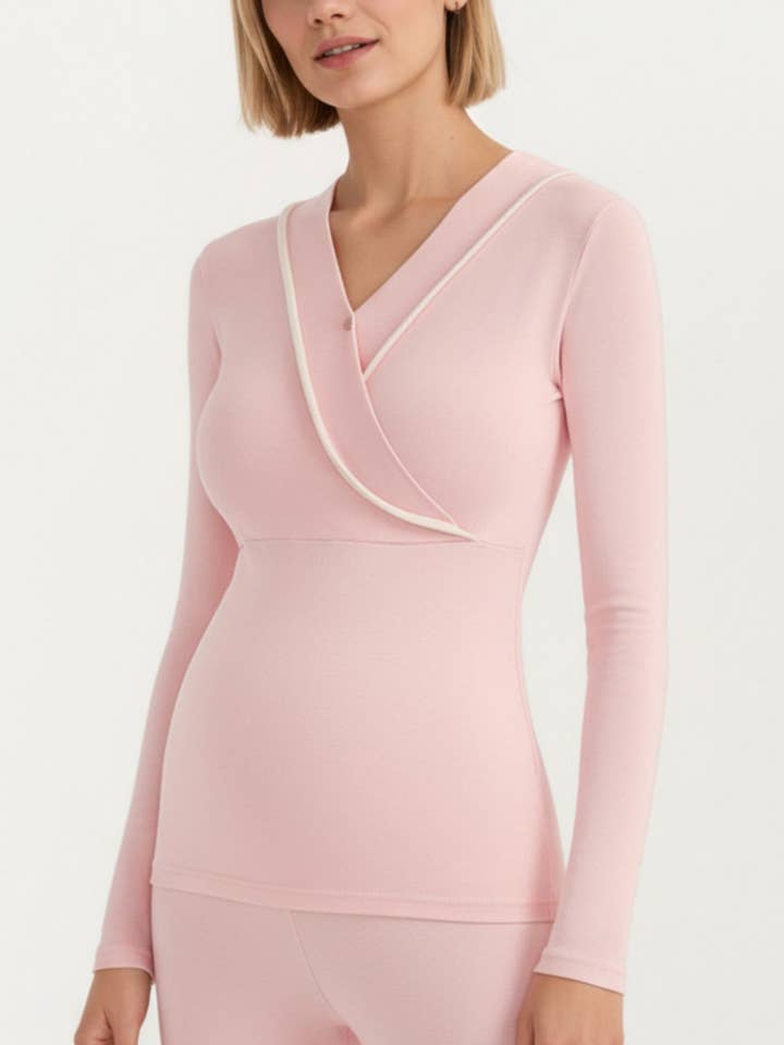 Long Sleeve Wrap Front Maternity Top with Contrast Trim and for wholesale by Anna Kaci Wholesale