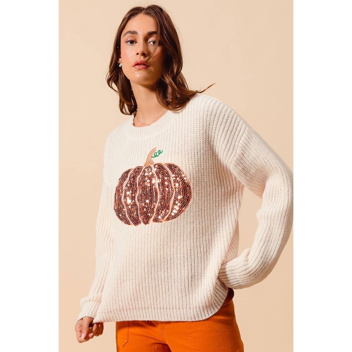 OATMEAL Sequin Pumpkin Halloween Thanksgiving Sweater Top for wholesale on Faire0