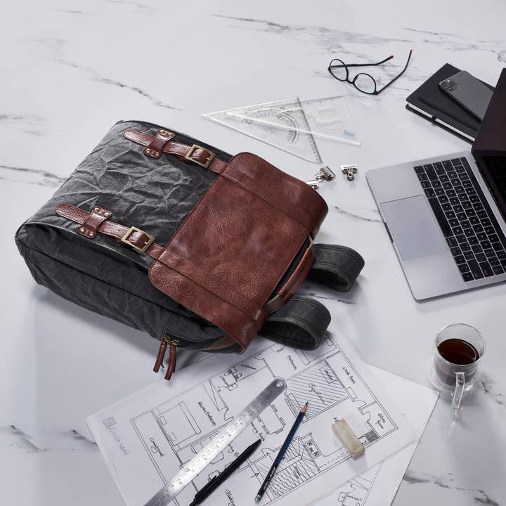Mona B. - Wholesale Backpack – Unisex - Aldrich Unisex Backpack in Up-Cycled Canvas and Leather