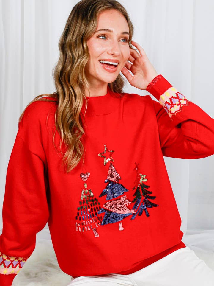 Vine & Love - Wholesale Knit Sweater - Women's - Christmas Tree Embroidery Sequin Crew Neck Sweater VT82023