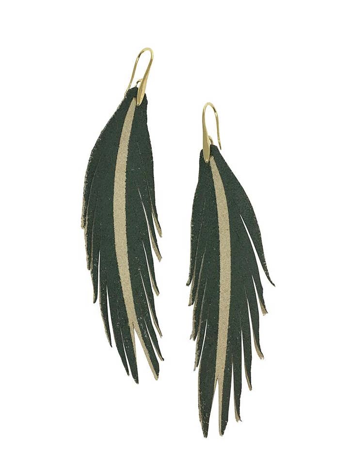 Short Feather Leather Earring - Olive Painted for wholesale by The Supply Society