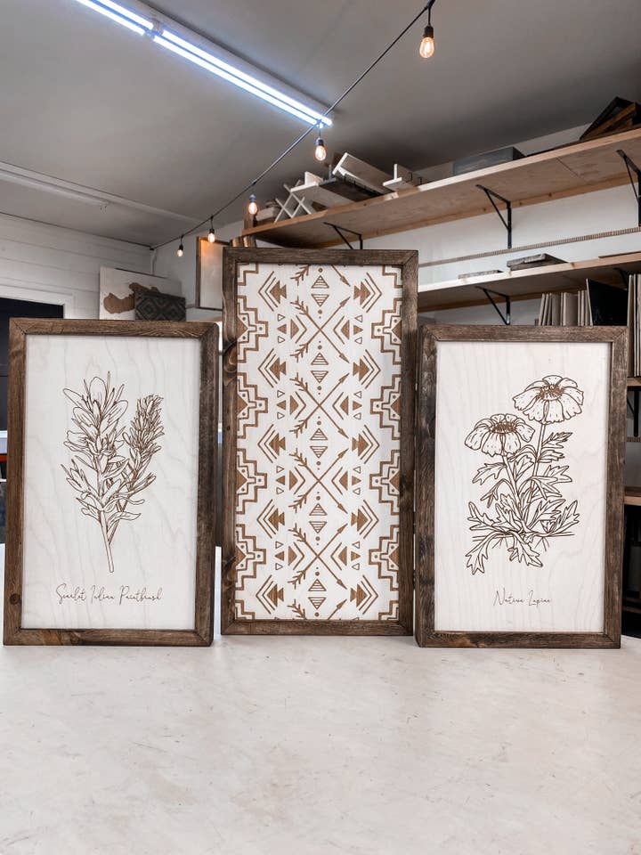 Hand Sketched Oregon Flowers Native Lupine, Scarlet Indian & Aztec Arrows Wood Artwork for wholesale by Birch and Home Handmade