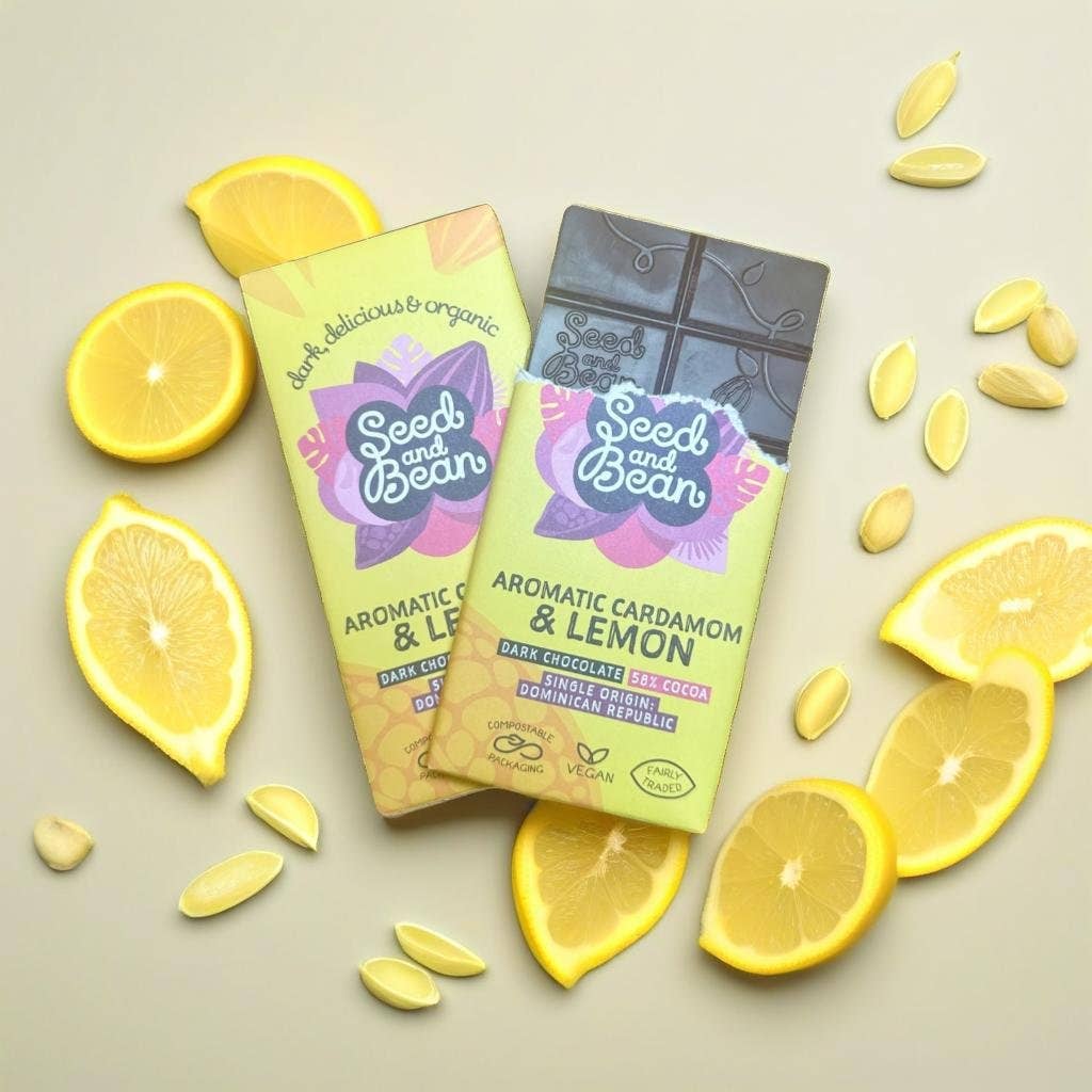 Seed & Bean  [No duties when shipping to US!] – wholesale Chocolate bar – LEMON & CARDAMOM  DARK VEGAN CHOCOLATE 75G BAR (58% COCOA)2