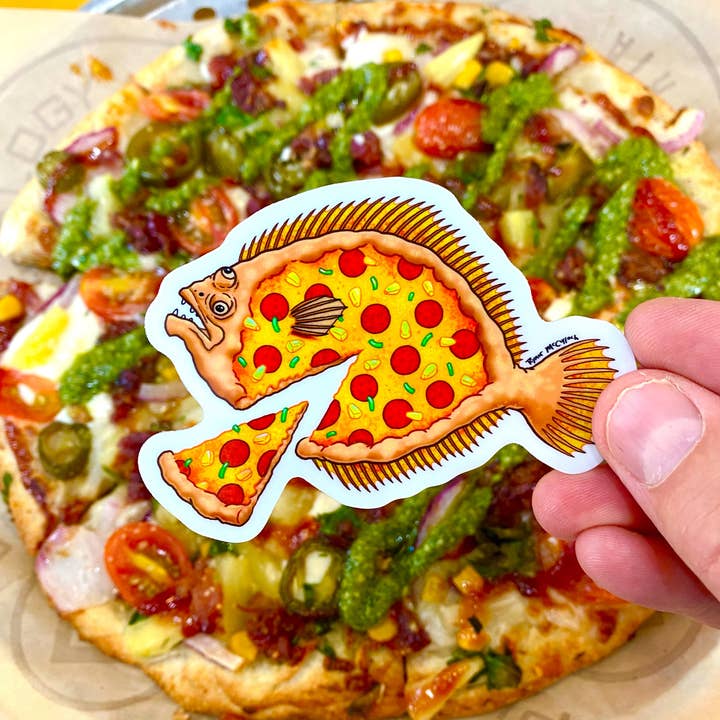HOLOGRAPHIC STICKER: Flounder Pizza (with pineapple!) for wholesale by Ryan McCulloch Art