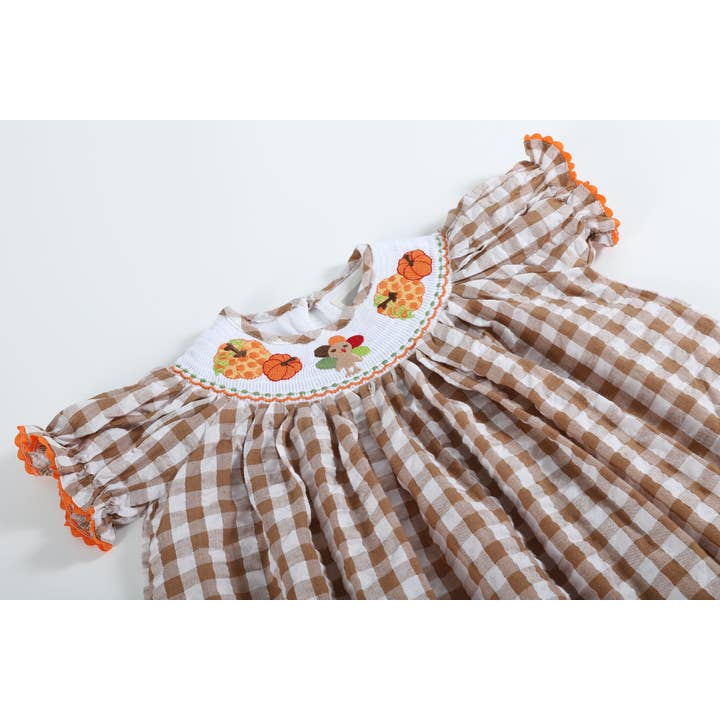 Lil Cactus - Wholesale Dress - Kids - Light Brown Gingham Pumpkin Turkey Smocked Bishop Dress