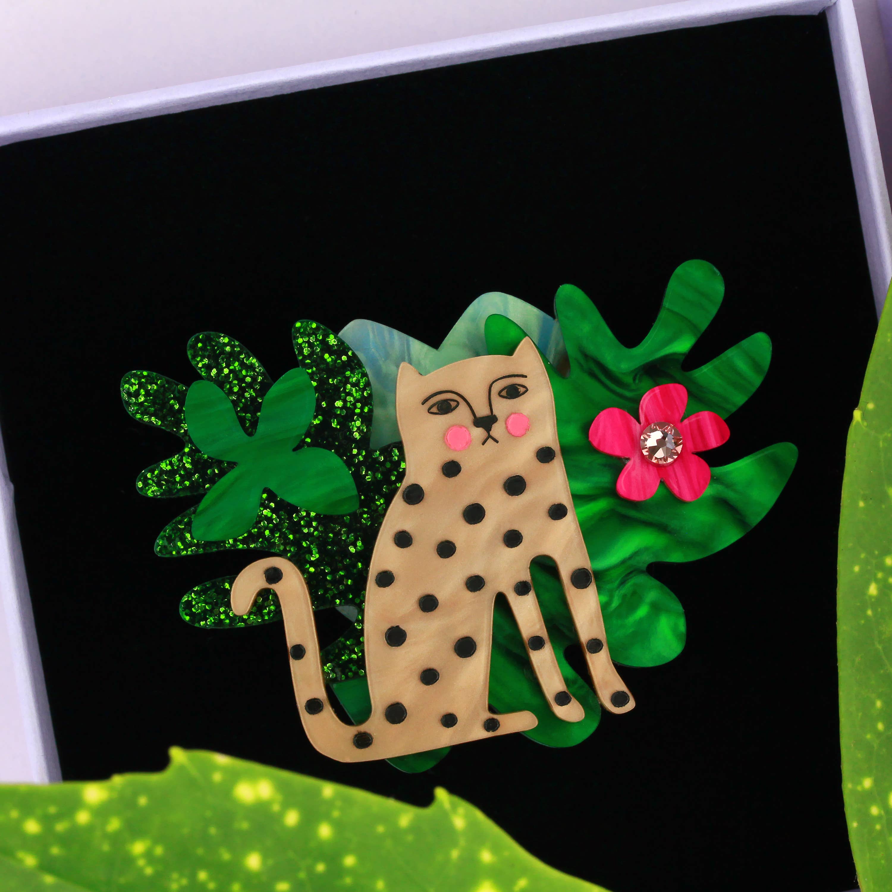 Green Caramel Black Pink Doodle Leopard Brooch for wholesale on Faire2