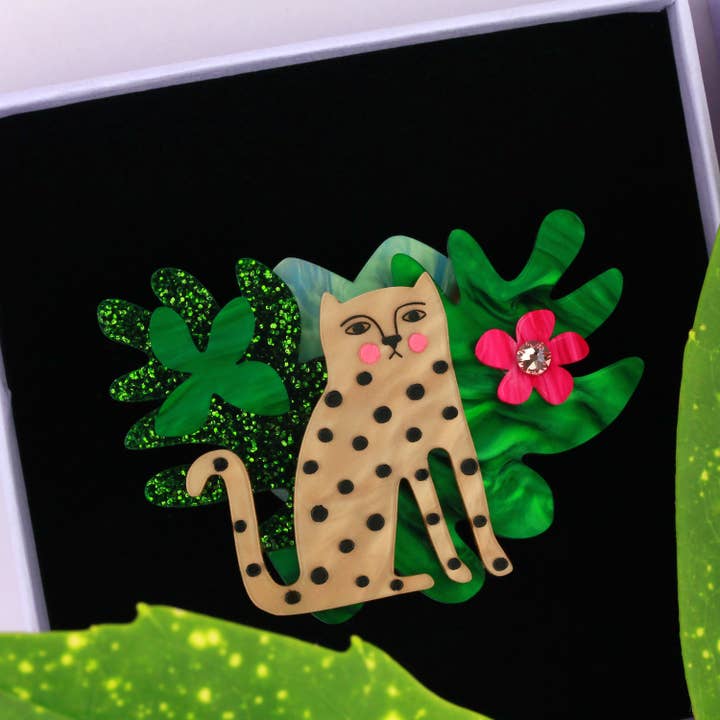 Green Caramel Black Pink Doodle Leopard Brooch for wholesale on Faire2