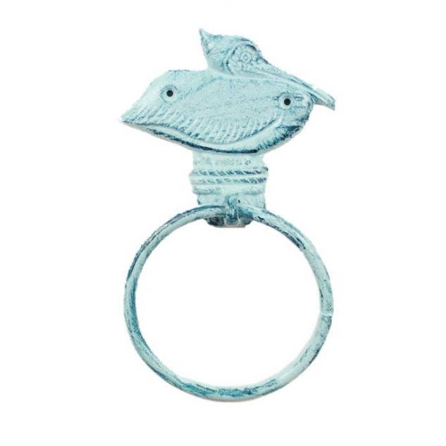 Rustic Dark Blue Whitewashed Cast Iron Pelican on Post Towel Holder 8" for wholesale by Hampton Nautical