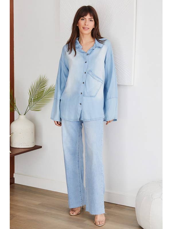 Light Denim Blue RHINESTONE STAR BUTTON DOWN LONG SLEEVE SHIRT (68803-STAR) for wholesale on Faire3