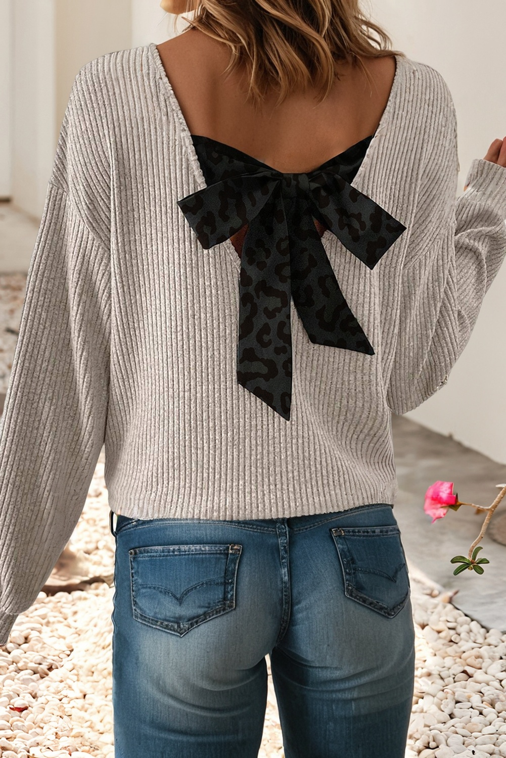 Little Daisy Closet - Wholesale Knit Sweater - Women's - LDC Leopard-Print Back Bow Tie Drop Shoulder Long Sleeve Top2