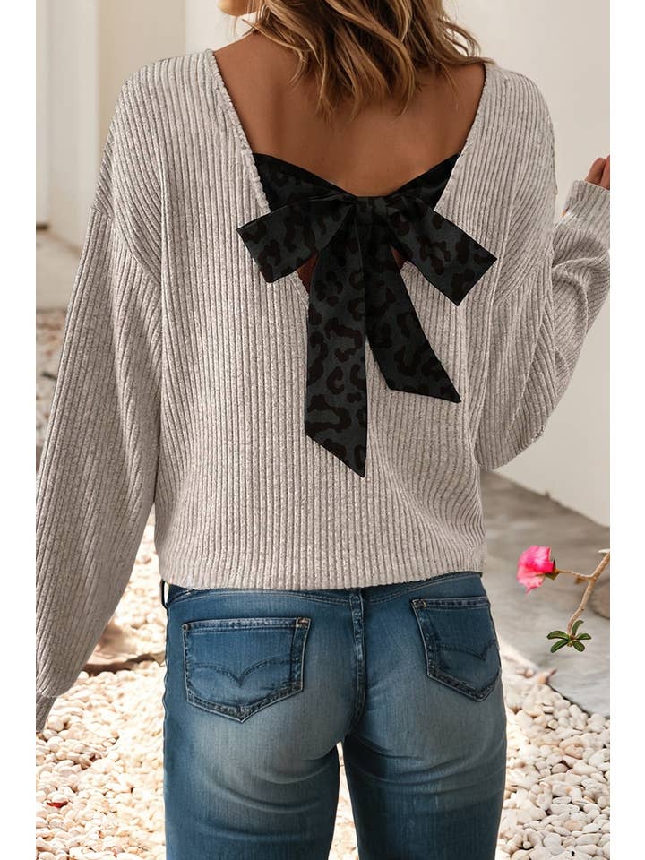 Little Daisy Closet - Wholesale Knit Sweater - Women's - LDC Leopard-Print Back Bow Tie Drop Shoulder Long Sleeve Top2