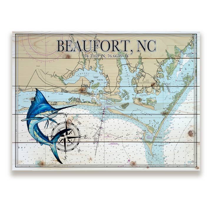 Beaufort, NC 18x24 Wood Pallet Map - Sailfish for wholesale by Map Mom