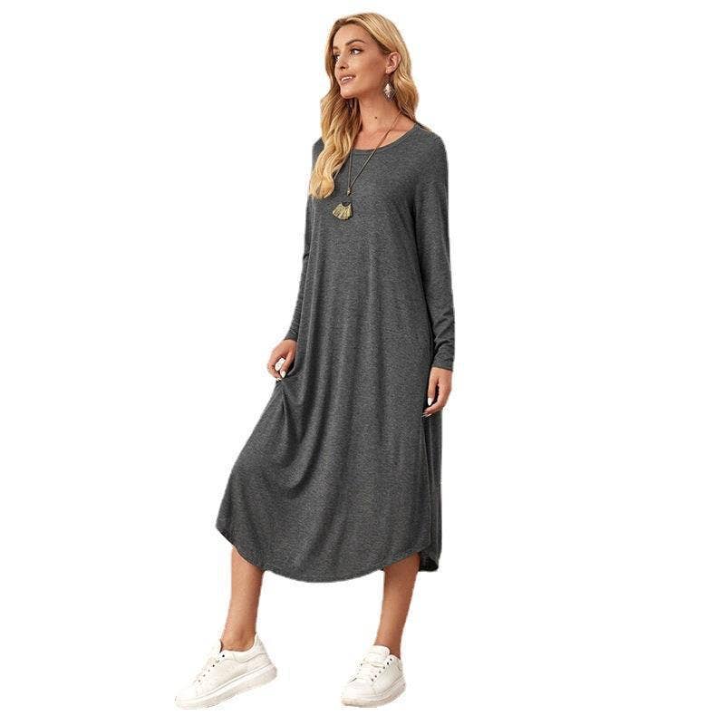 EmberLoom – Großhandel Kleid – Damen – Damen Solides Lässiges Langarm-Kleid mit Geschwungenem Saum4