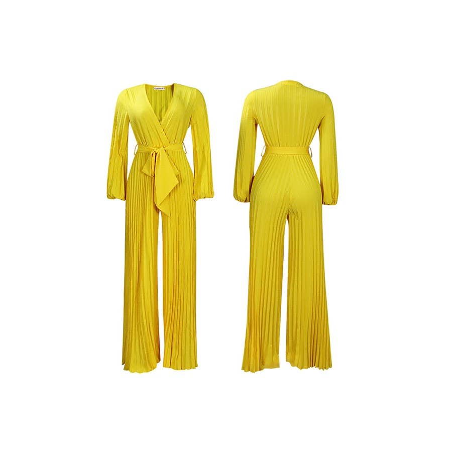 Paperdoll – wholesale Jumpsuit – Women's – V neck Sexy Lace up Pleated Wide Leg Jumpsuit5