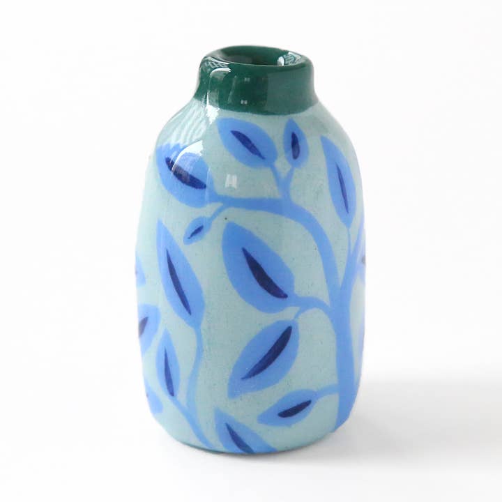 Ceramic Mini Vase - Blue leaves for wholesale by Dodo Toucan