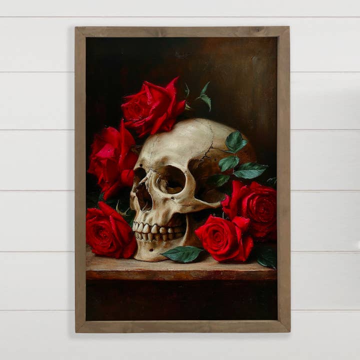 Leinwandbild „Totenkopf mit roten Rosen“, Dekor mit Holzrahmen für den Großhandel von Hangout Home