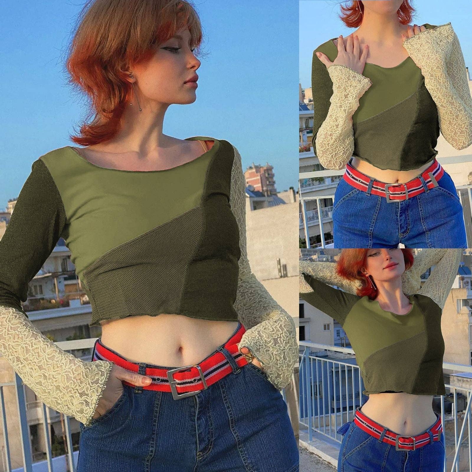 grün Sexy Slim Fit, kontrastierende Farben, Rundhalsausschnitt, lässiges Top, sexy Spitzennähte, ausgestellte Ärmel, T-Shirt für Damen für den Großhandel auf Faire3