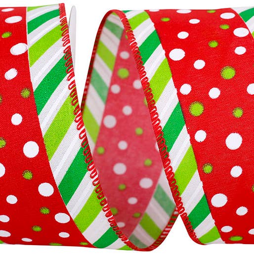 Fun Dot Ticking Diagonal Wired Edge, Red/green, 2-1/2 In for wholesale by RELIANT RIBBON