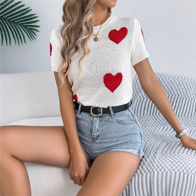 OceanusSwim - Wholesale Knit Top - Women's - Color Block Heart Pattern Knit Short Sleeve1