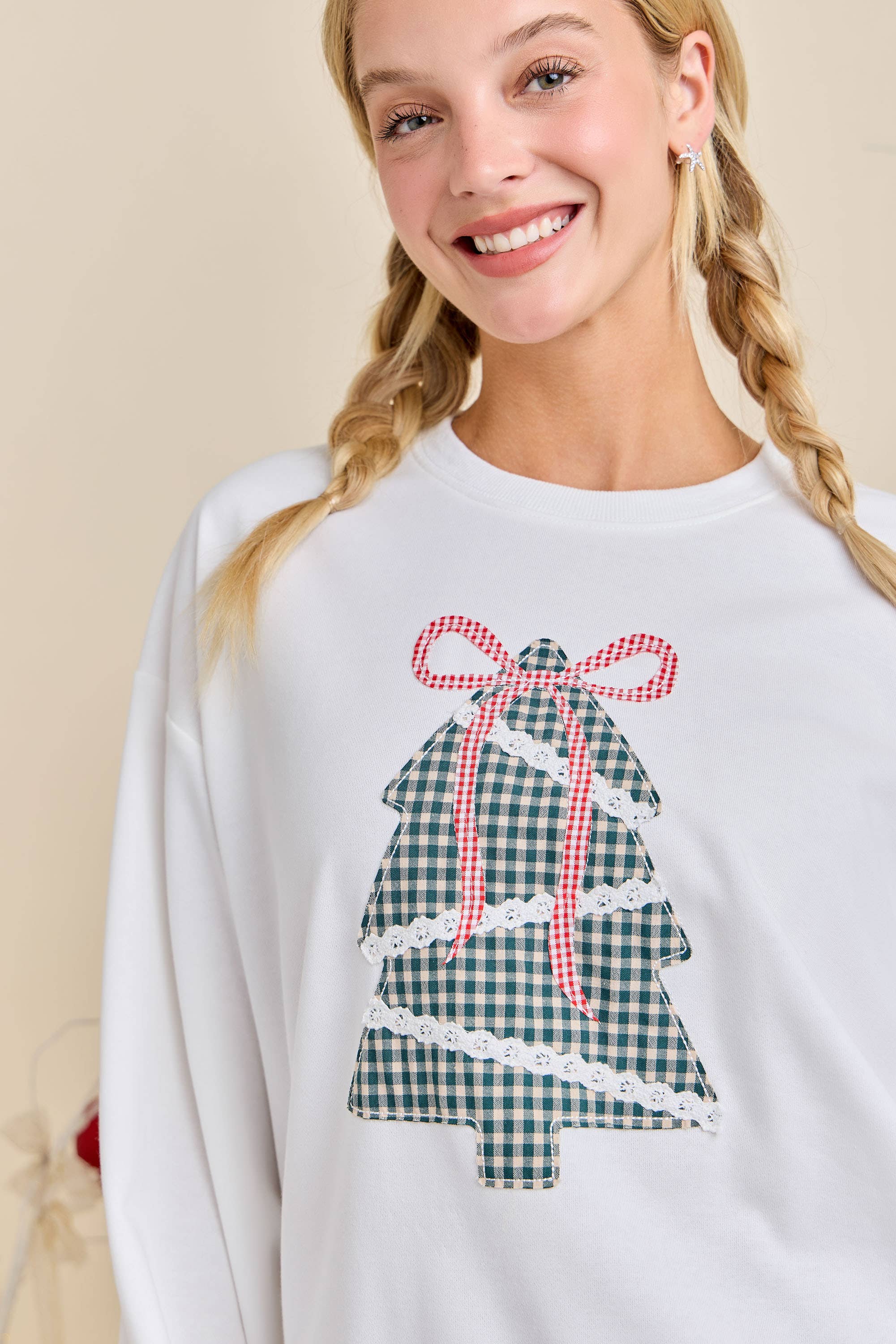 WHITE Holiday Plaid Tree Sweatshirt – Festive Cozy Knit for wholesale on Faire2