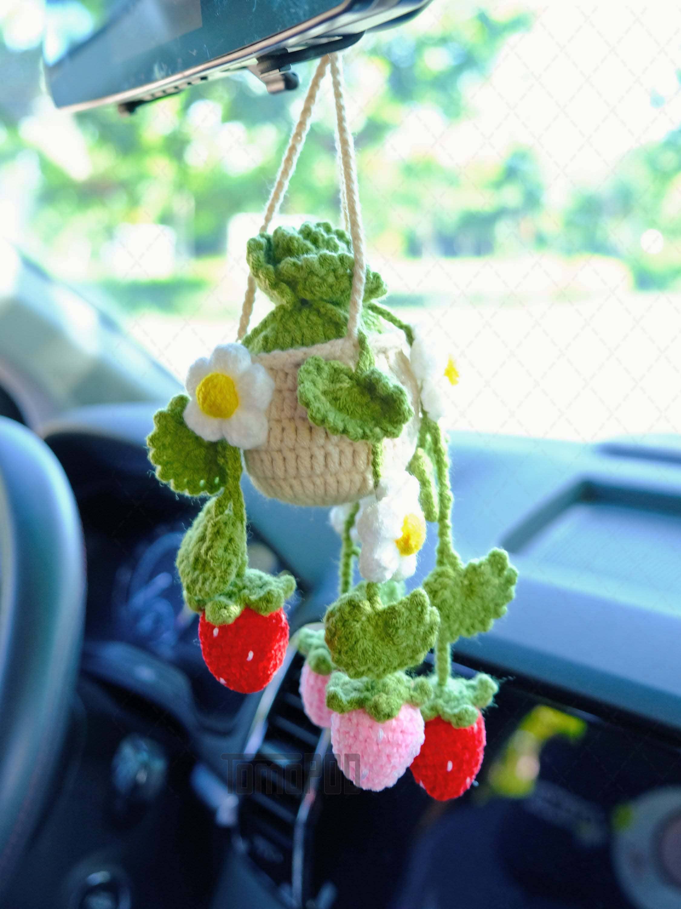 TOMOPOD LLC - Wholesale Car Decorative Charm - Unisex - Crochet Strawberry & Daisy Flower Car Mirror Hanging Plant6