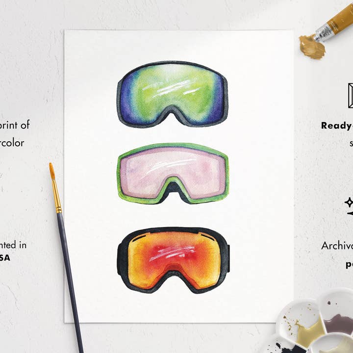 Watercolor Wednesday - Wholesale Art Print - Modern Ski Goggle Trio | Minimalist Watercolor Art Print