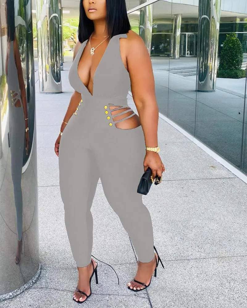 Fashion Combination - Wholesale Jumpsuit - Women's - plunging halter backless cutout skinny jumpsuit6