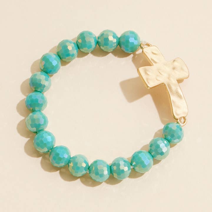 Frem - Wholesale Beaded Bracelet - Cross Charm Glass Beaded Stretch Bracelet