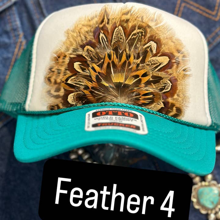 High Ho Silversmithing - Wholesale Trucker Hat - Women's - JADE AND WHITE FEATHER TRUCK HAT3