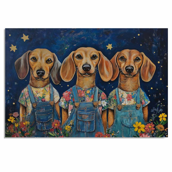 Whimsical Trio Dachshund Dogs Floral Overalls Canvas for wholesale by Art Paradise Studios