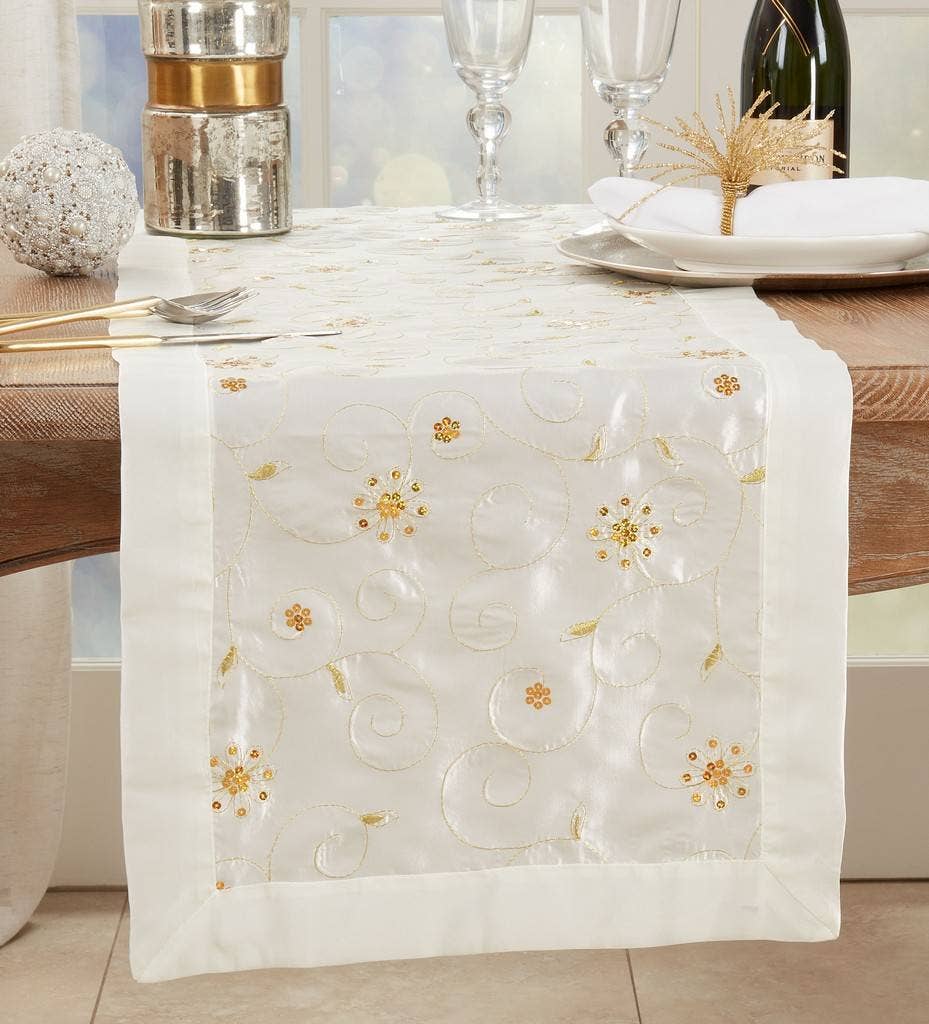 Fennco Styles - Vente Chemins de table - Chemin de table de Noël en ivoire brodé et paillettes dorées (copie)0