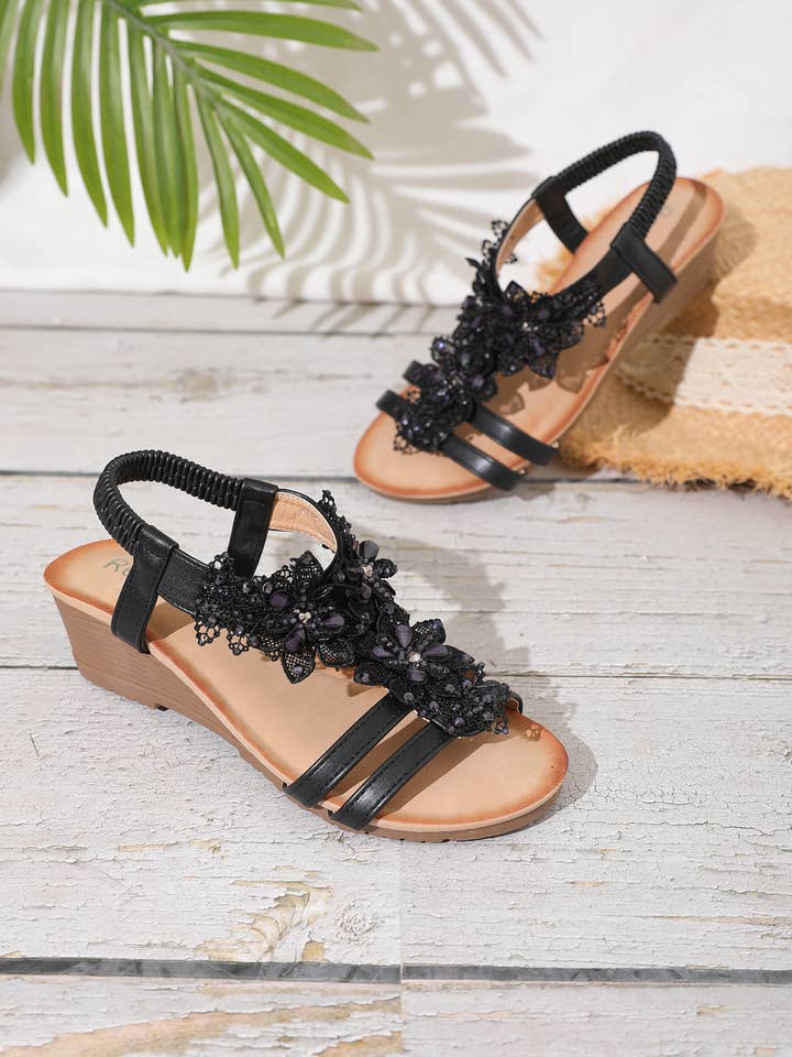 Rentoes – wholesale Sandals – Women's – Ladies‘ Wedged Sandal with Handmade Lace Flowers JS698-328