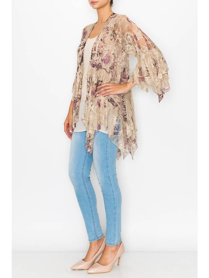 Origami Apparel ~ Lace and Crochet inspired - Vente Cardigan – femme - Cardigan Classique Tout en Dentelle avec Couches à Étages - 4618 TAUPE/2 ROSE1