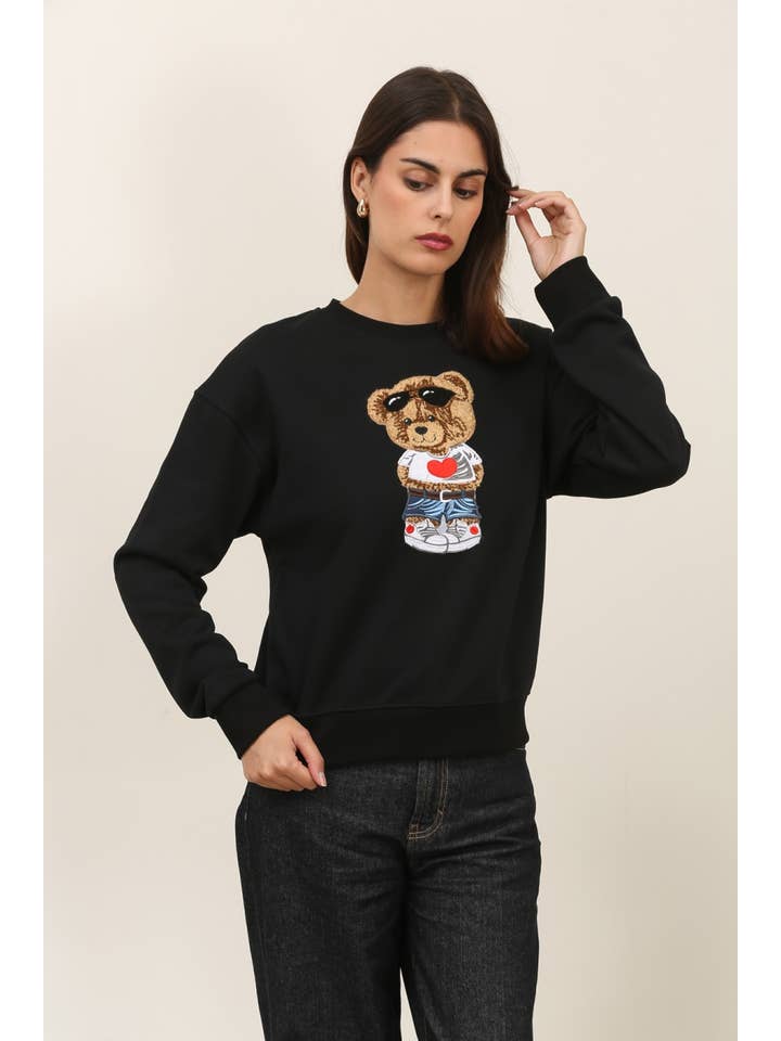 Attrait Paris - Wholesale Graphic Sweatshirt - Women's - Crew neck sweatshirt, bear with sunglasses