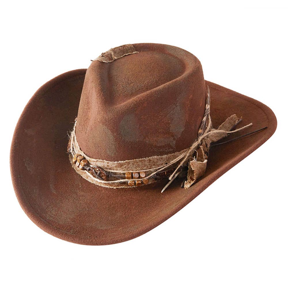 Sensibling Corp. - Vendita all'ingrosso Cappello da cowboy - Donna - Cappello Fedora Western Cowgirl Rustico con Fascia in Legno con Perline, Rifinitura Invecchiata e Accento di Piume Vintage.4