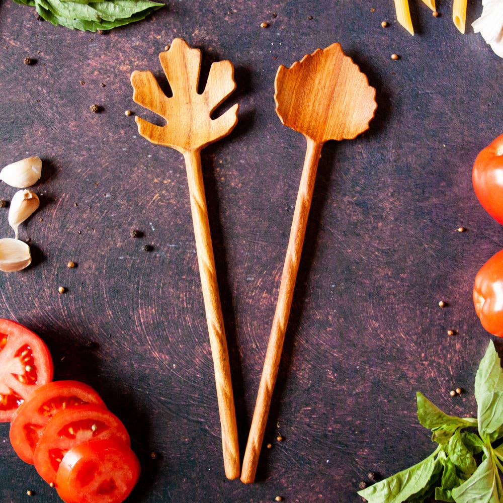 Vesper & Vine - Vendita all'ingrosso Utensile da cucina - Posate per Insalata in Legno Intagliate a Mano a Forma di Foglia0