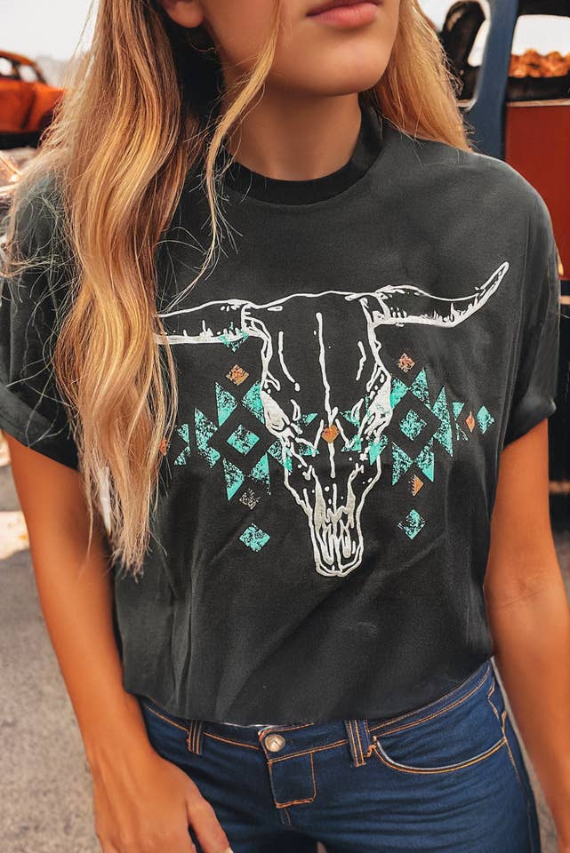 As shown Vintage Western Bull Head Skull Turquoise Graphic T Shirt for wholesale on Faire