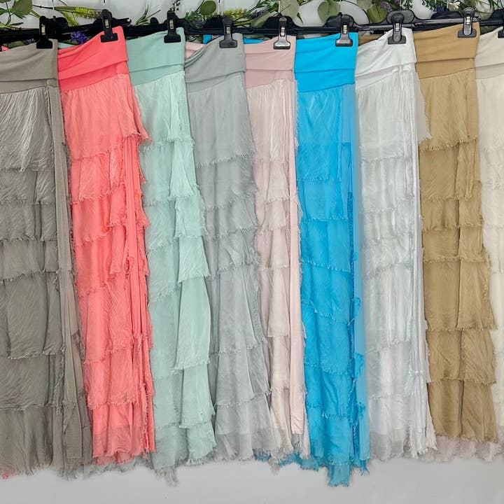Silk Ruffle Skirt Summer Colors
No Tariffs Will Be Added for wholesale by Karamel Collection