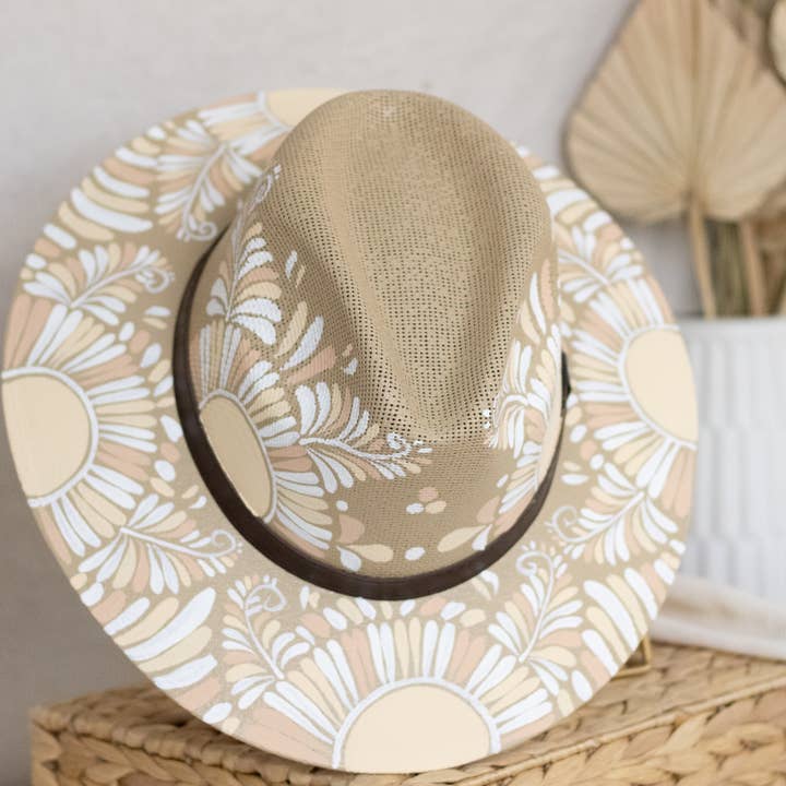 Origin Mexico - Wholesale Straw Hat - Women's - Jimena Hand Painted Mexican/Western Hat - Tan & White