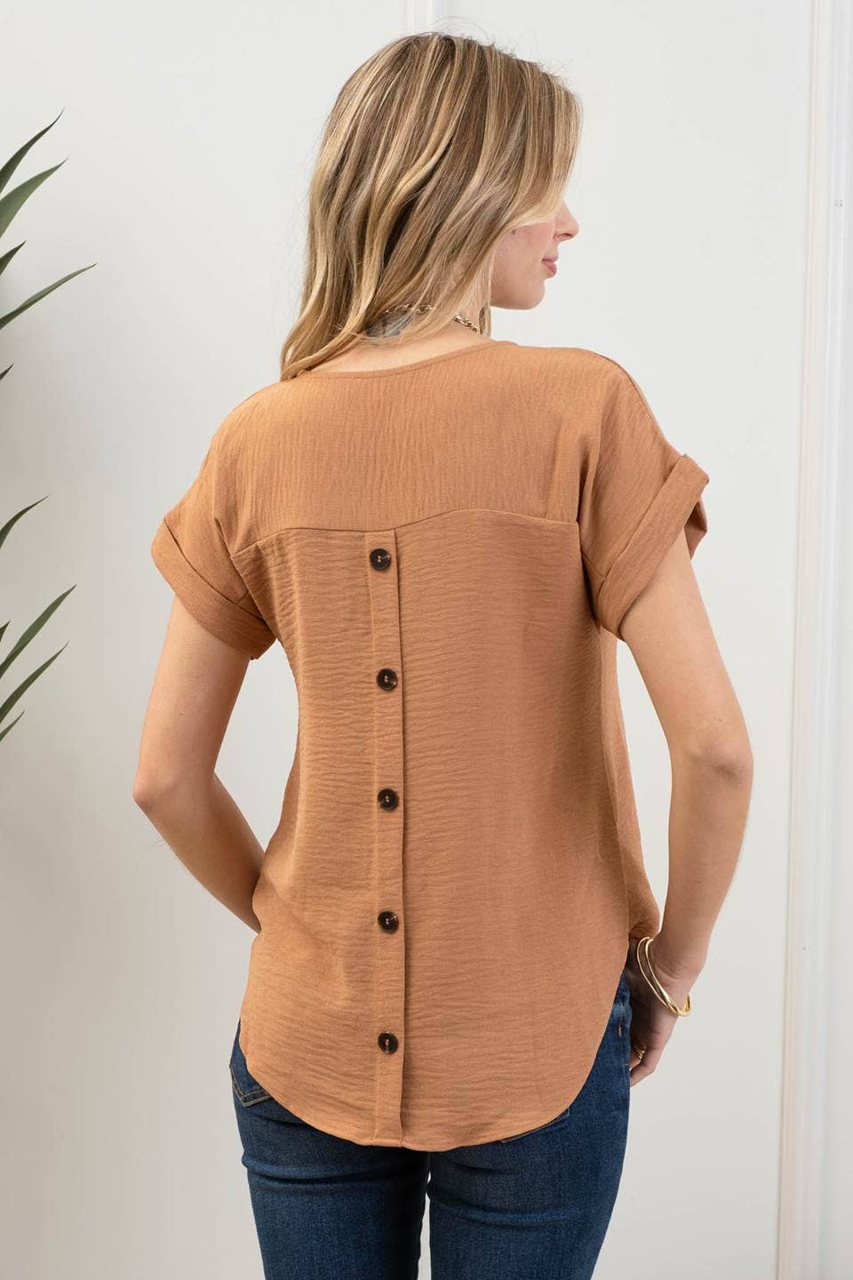 Blu Pepper - Wholesale Blouse - Women's - SPLIT NECK BACK BUTTON SHORT FOLD SLEEVE BLOUSE21